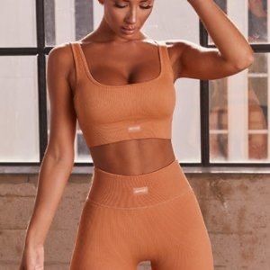 Bo + Tee Caramel Ribbed Sports Bra and Legging Workout Set Size Medium